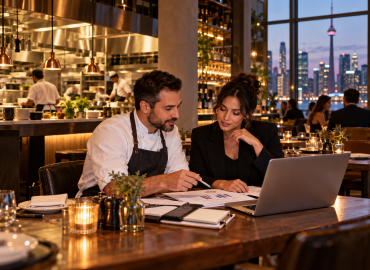 Restaurant business loans Ontario consultation showing a restaurant owner and financial advisor reviewing business financing documents in a modern restaurant at twilight.