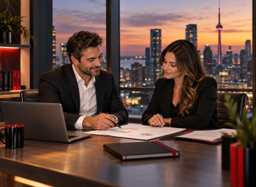 Business loan in Ontario consultation with two professionals reviewing financial documents in a modern office overlooking Toronto at twilight.