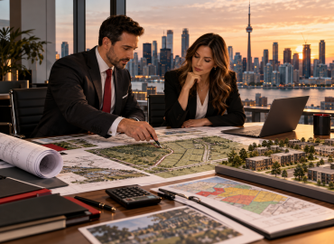 Land financing in Ontario consultation showing two professionals reviewing property development plans, zoning maps and land financing documents in a Toronto office at sunset.