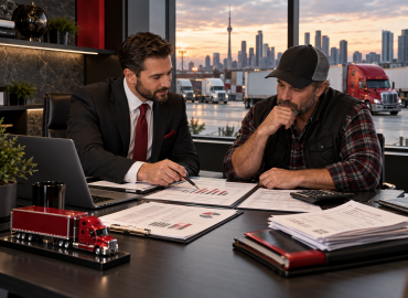 Working capital for trucking companies consultation showing a truck operator and financial advisor reviewing cash-flow statements and financing documents in a Toronto office at twilight.