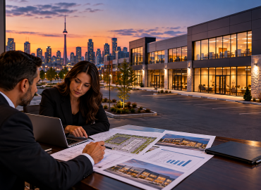 Commercial property financing in Ontario consultation showing two professionals reviewing property plans and financial documents overlooking a modern commercial building at twilight.