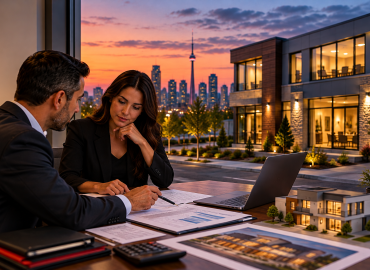 Private mortgages in Ontario consultation showing a homeowner and mortgage professional reviewing financing documents and repayment plans with a modern home in the background at twilight.