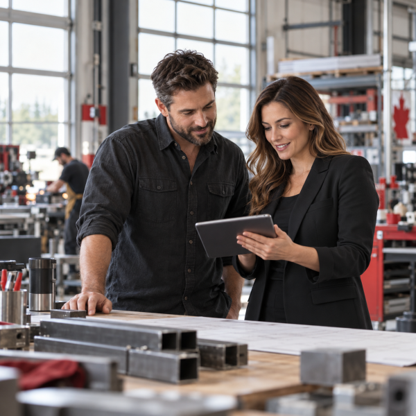 Business owner and financing advisor reviewing plans on a tablet in a workshop.