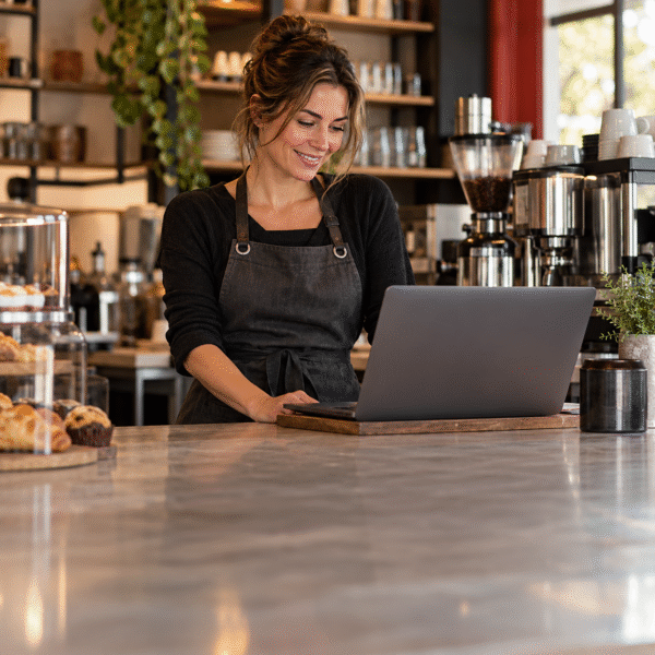 Business Loans Café owner using a laptop at the counter of her business