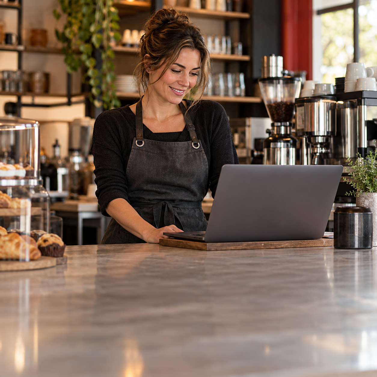 Café owner using a laptop at the counter of her business