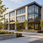 Modern commercial office building with large windows and landscaped grounds