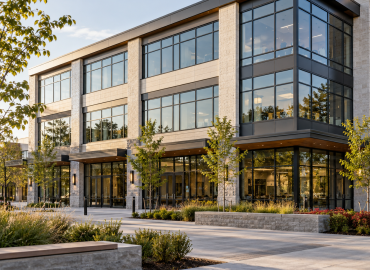 Modern commercial office building with large windows and landscaped grounds