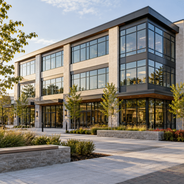 Commercial Mortgages Modern commercial office building with large windows and landscaped grounds
