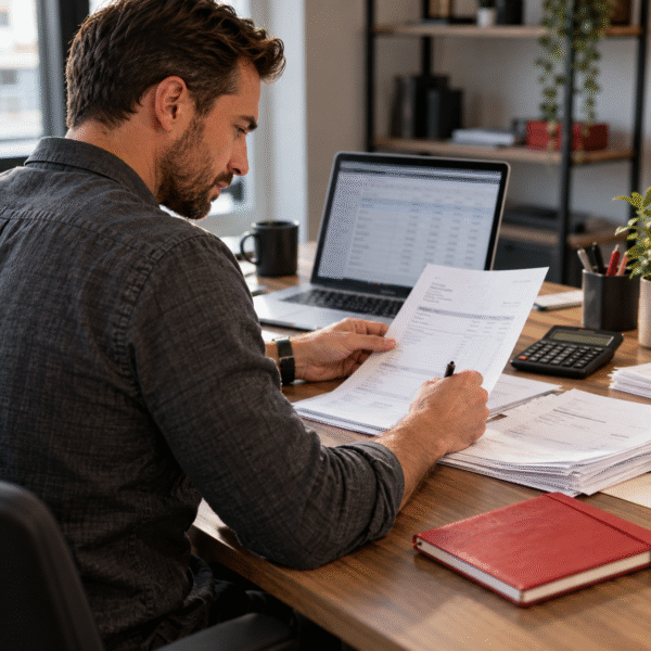 Business owner reviewing invoices with a laptop and calculator