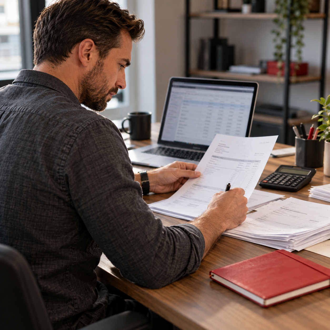 Business owner reviewing invoices with a laptop and calculator