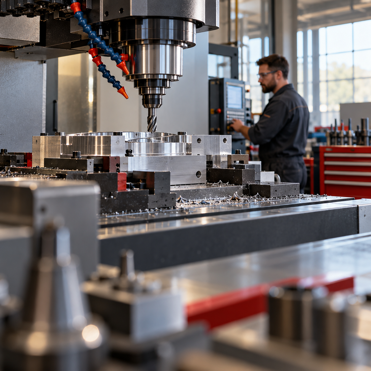 Machine operator working beside CNC equipment in a manufacturing facility