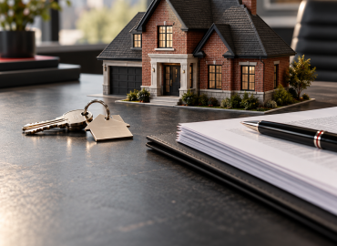 Model house and keys beside financing documents on a desk