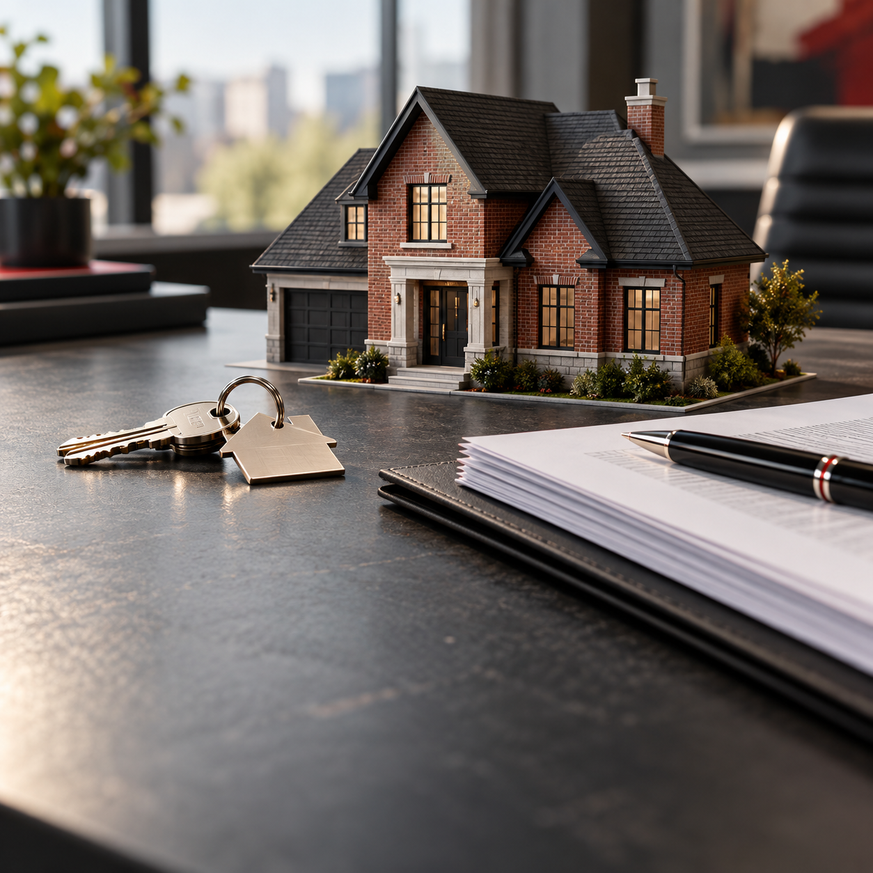Model house and keys beside financing documents on a desk