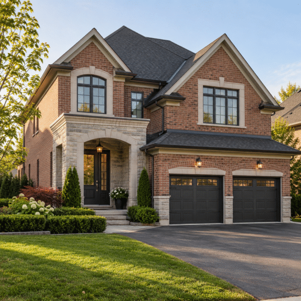 Two-storey detached brick home with landscaped front yard