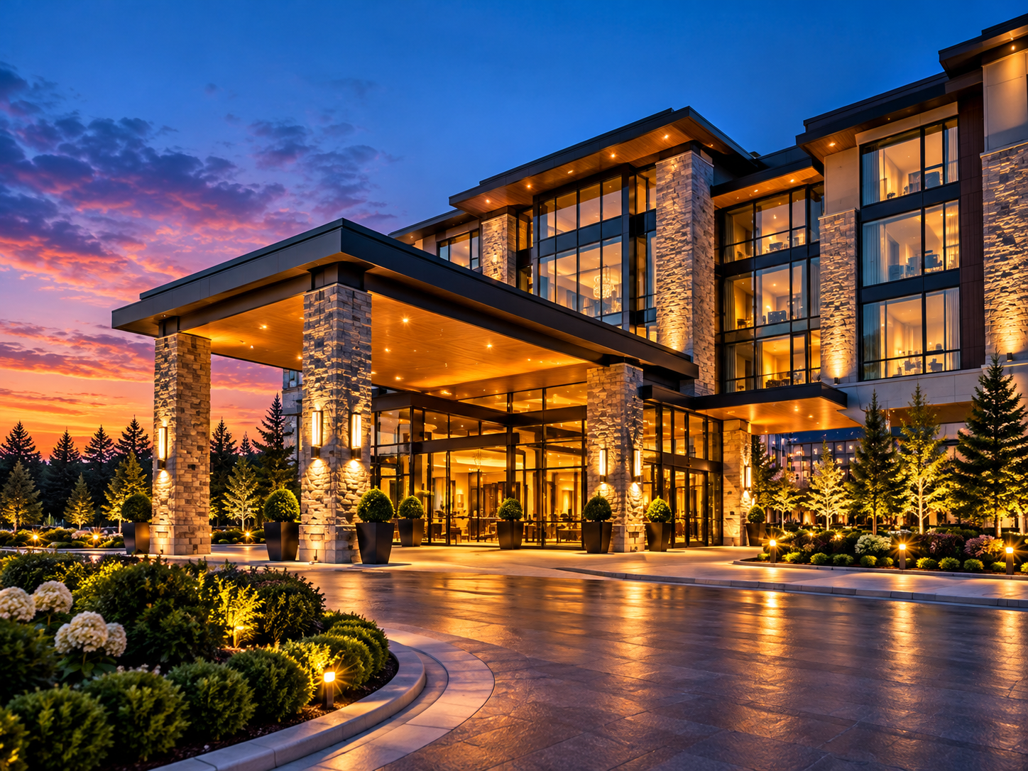 Modern hotel exterior with illuminated