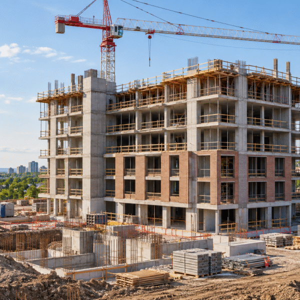 Ontario Commercial Construction in Progress Multi-storey building under construction with a tower crane and construction materials