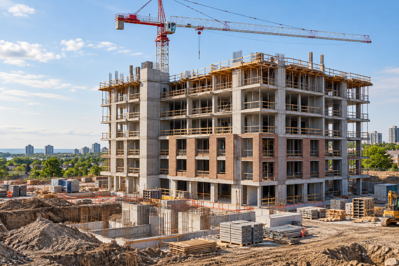 Multi-storey building under construction with a tower crane and construction materials