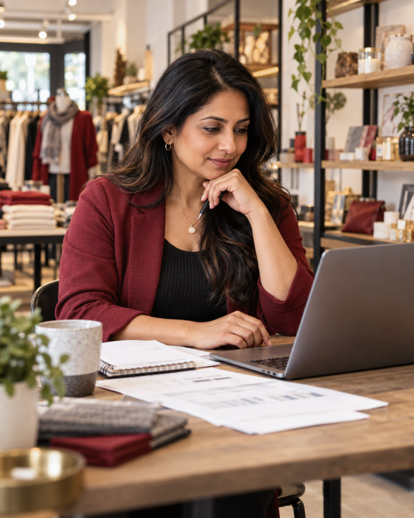 Retail business owner reviewing a laptop and planning documents inside a store.