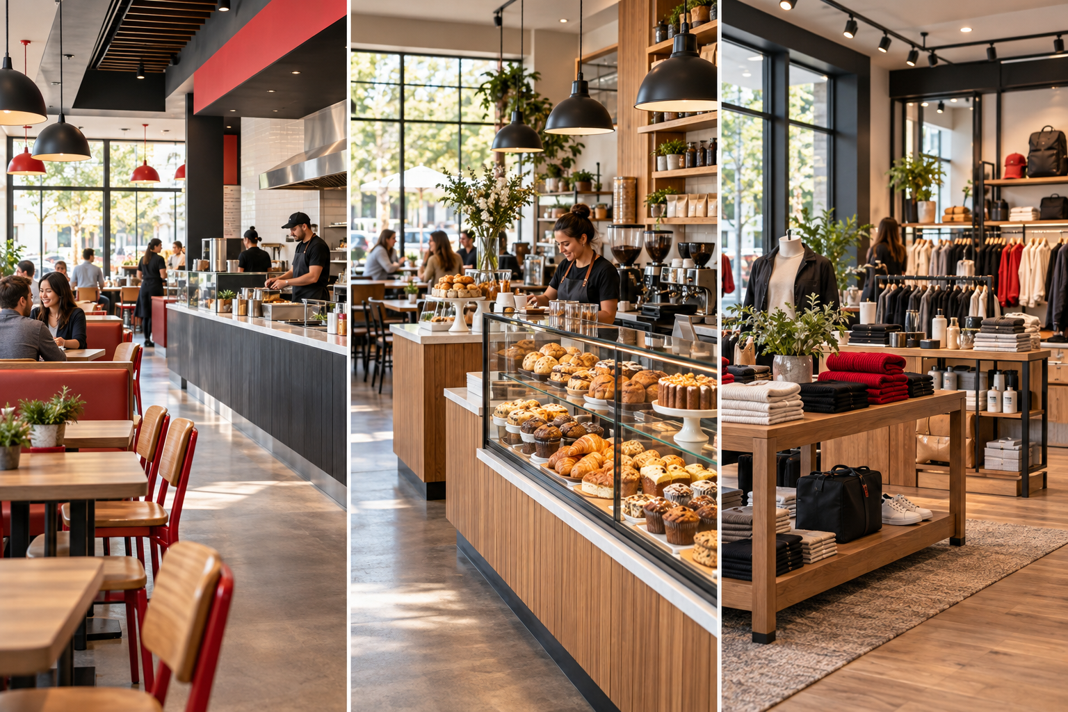 Restaurant, café and retail store interiors in a three-panel collage.