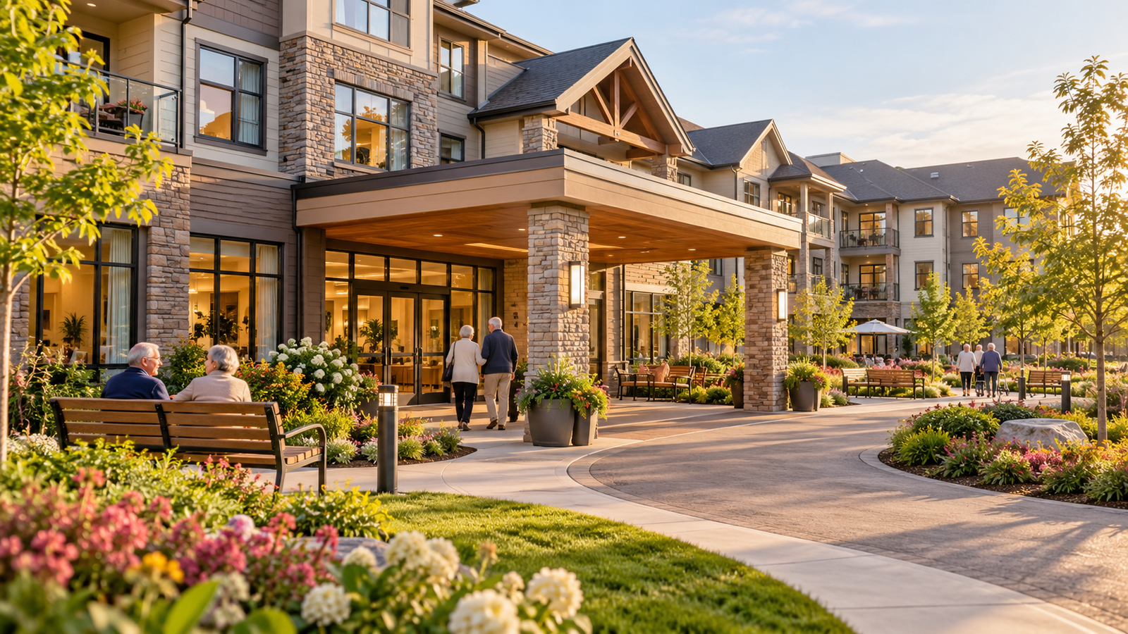 Modern retirement residence with seniors enjoying landscaped outdoor grounds in Canada