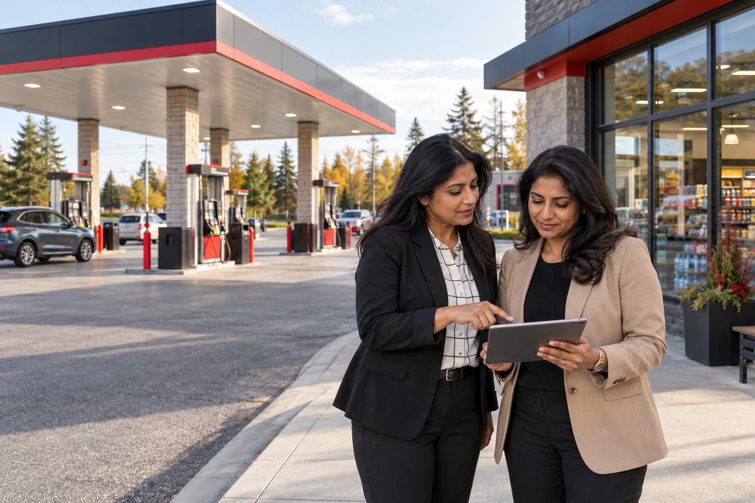 Two South Asian women reviewing a tablet outside a gas station convenience store.